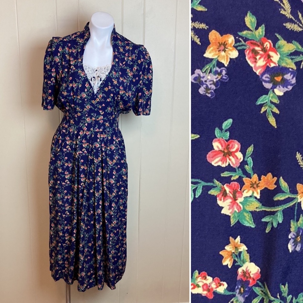 Vintage Navy Floral Midi Dress with Lace Inset